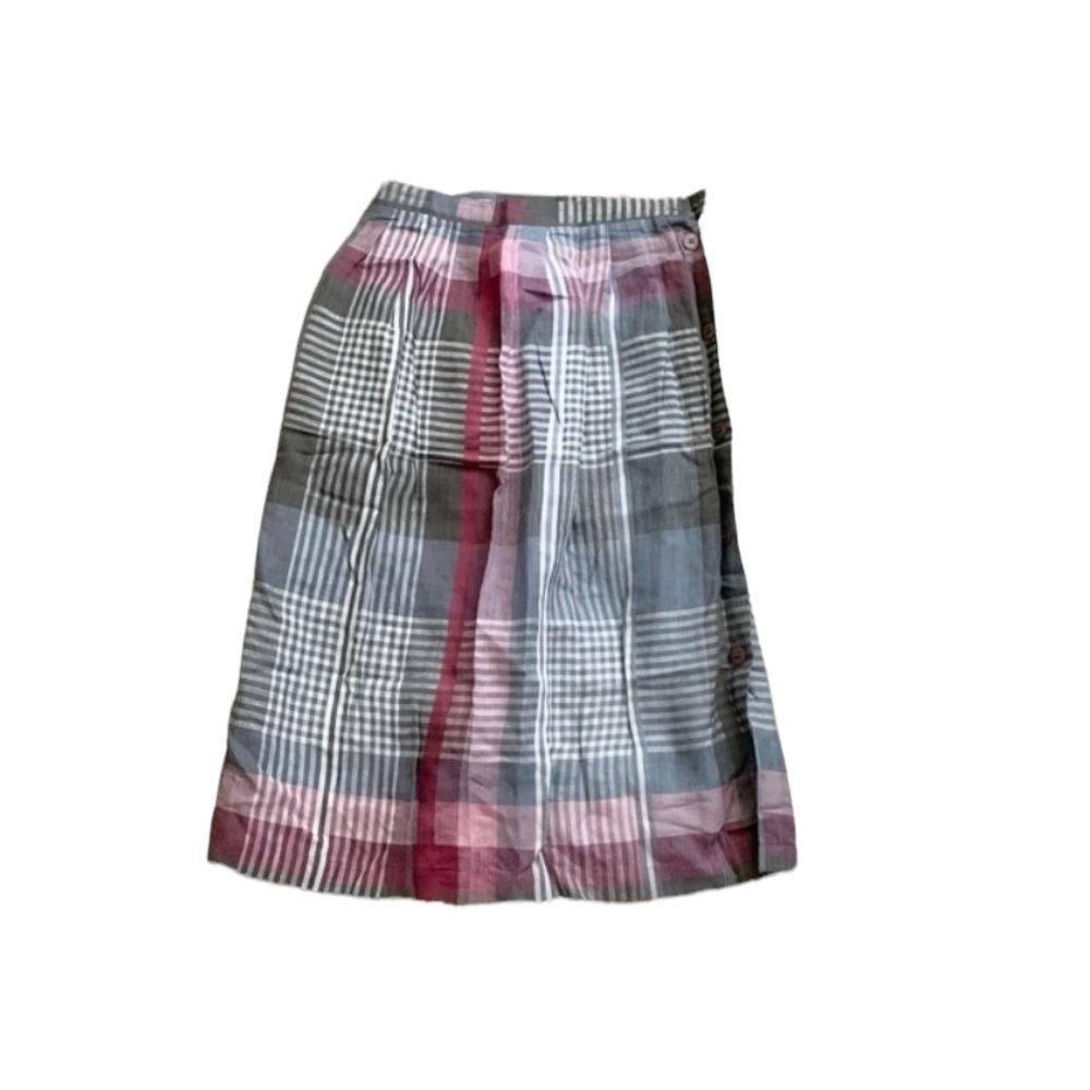 Bullocks Wilshire | Vintage Midi Plaid Skirt Beet Red Gray White Button